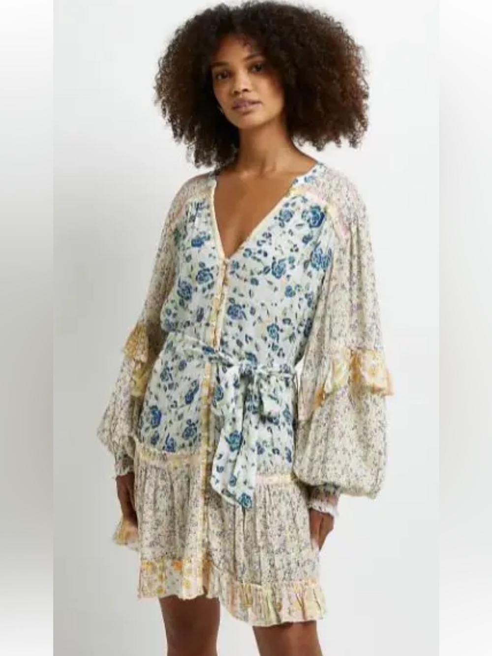 Dex Ruffle Sleeve Twin Floral Print Boho Smocked Peasant Dress Size L